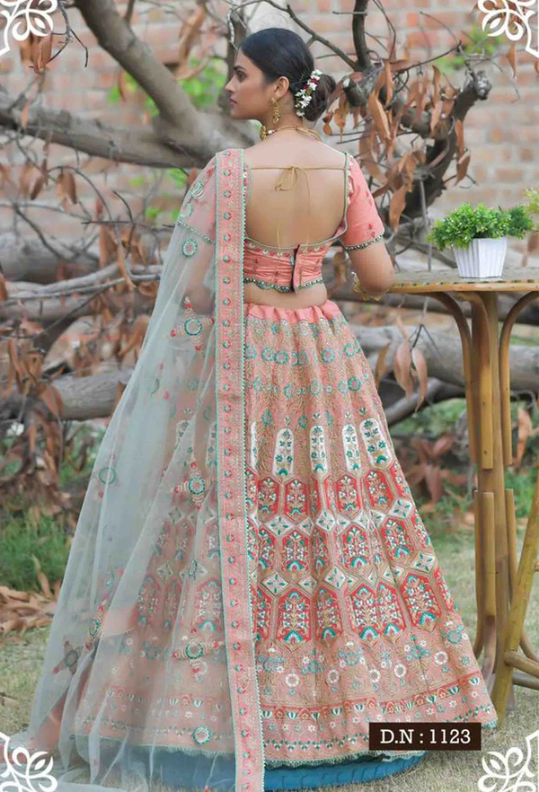 Peach color Heavy Bridal Designer Lehenga choli - Image 3