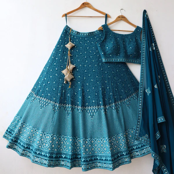 Firozi color Mirror & Sequence Embroidery work Designer Wedding Lehenga Choli - Image 4