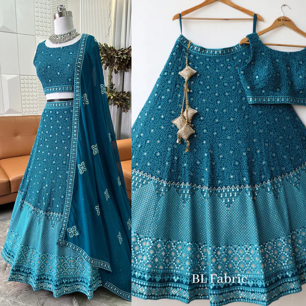 Firozi color Mirror & Sequence Embroidery work Designer Wedding Lehenga Choli - Image 8